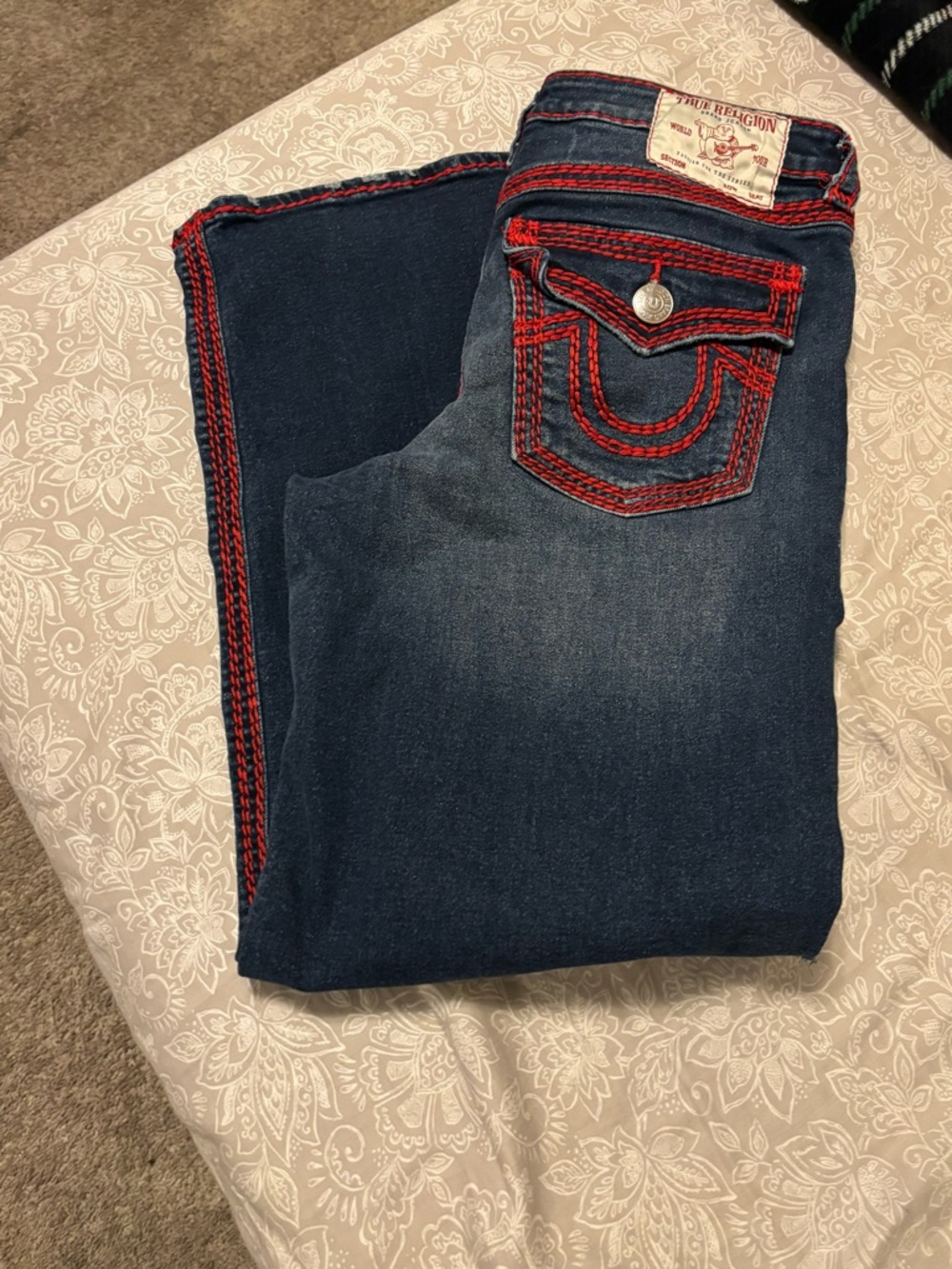 True Religion Women's Dark Blue Straight Leg Jeans with Red Stitching